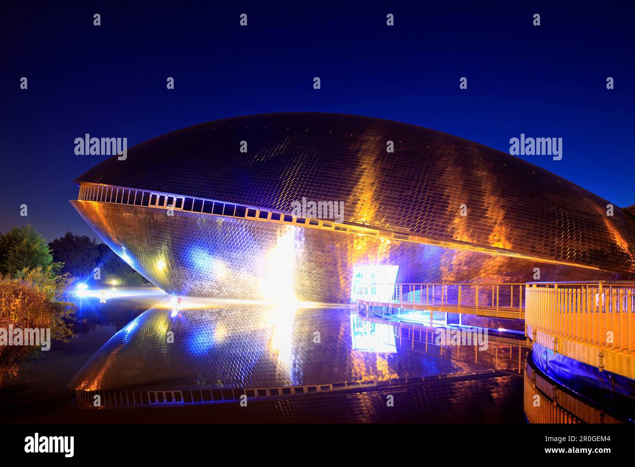 the illuminated science museum Universum at night, Hanseatic City of Bremen, Germany, Europe Stock Photo