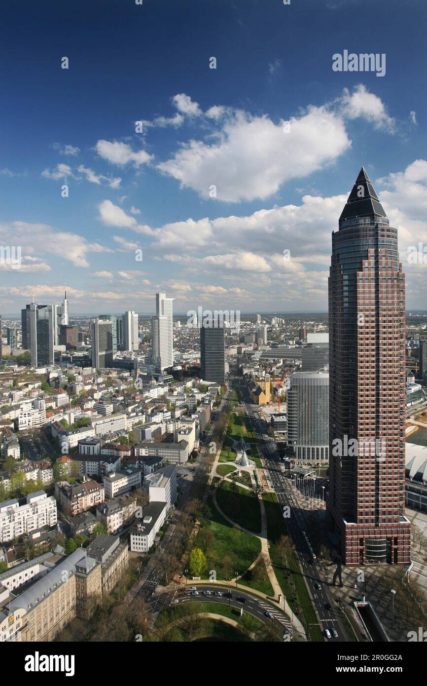 Financial District, Friedrich Ebert Anlage, bank quarter, Messeturm, Frankfurt am Main, Hesse, Germany Stock Photo