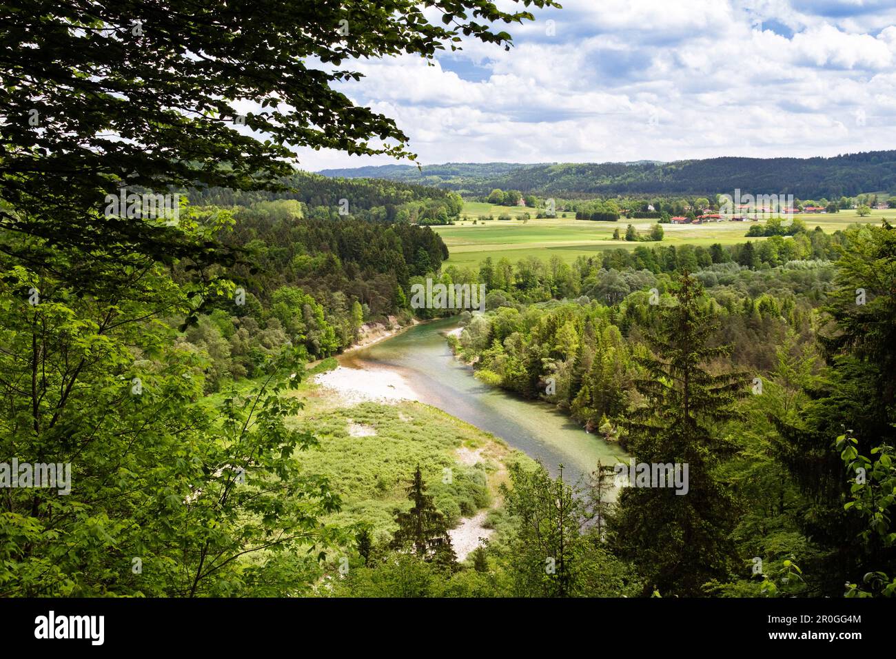 View over Isar river valley, Konigsdorf, Isar Cycle Route, Upper Bavaria, Germany Stock Photo