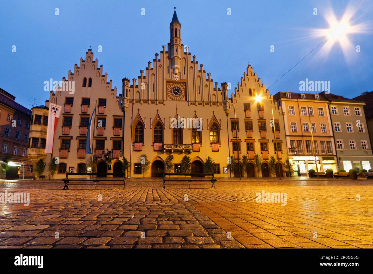 Town hall in the evening, Old Town, Landshut, Bavaria, Germany Stock