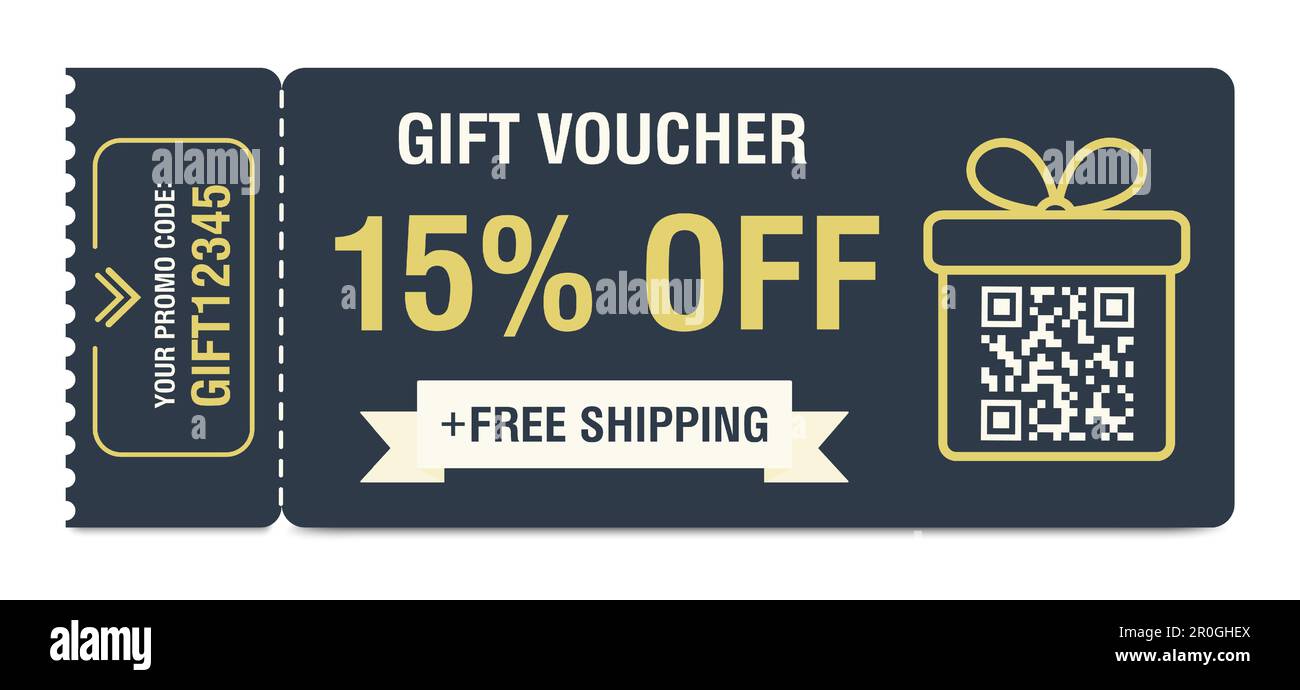Discount coupon 15 percent off. Gift voucher with percentage marks, qr ...