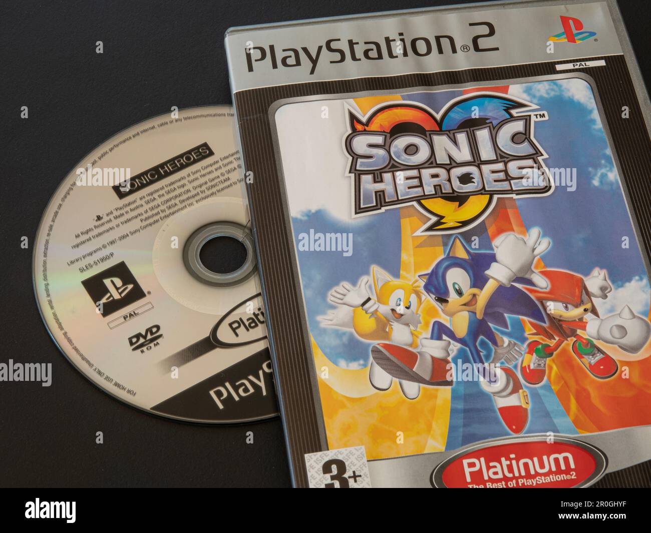 Play Station 2 slim box with Sonic Heroes game DVD. PS2 is a 128 bit video game console by Sony. Copenhagen, Denmark - May 7, 2023. Stock Photo