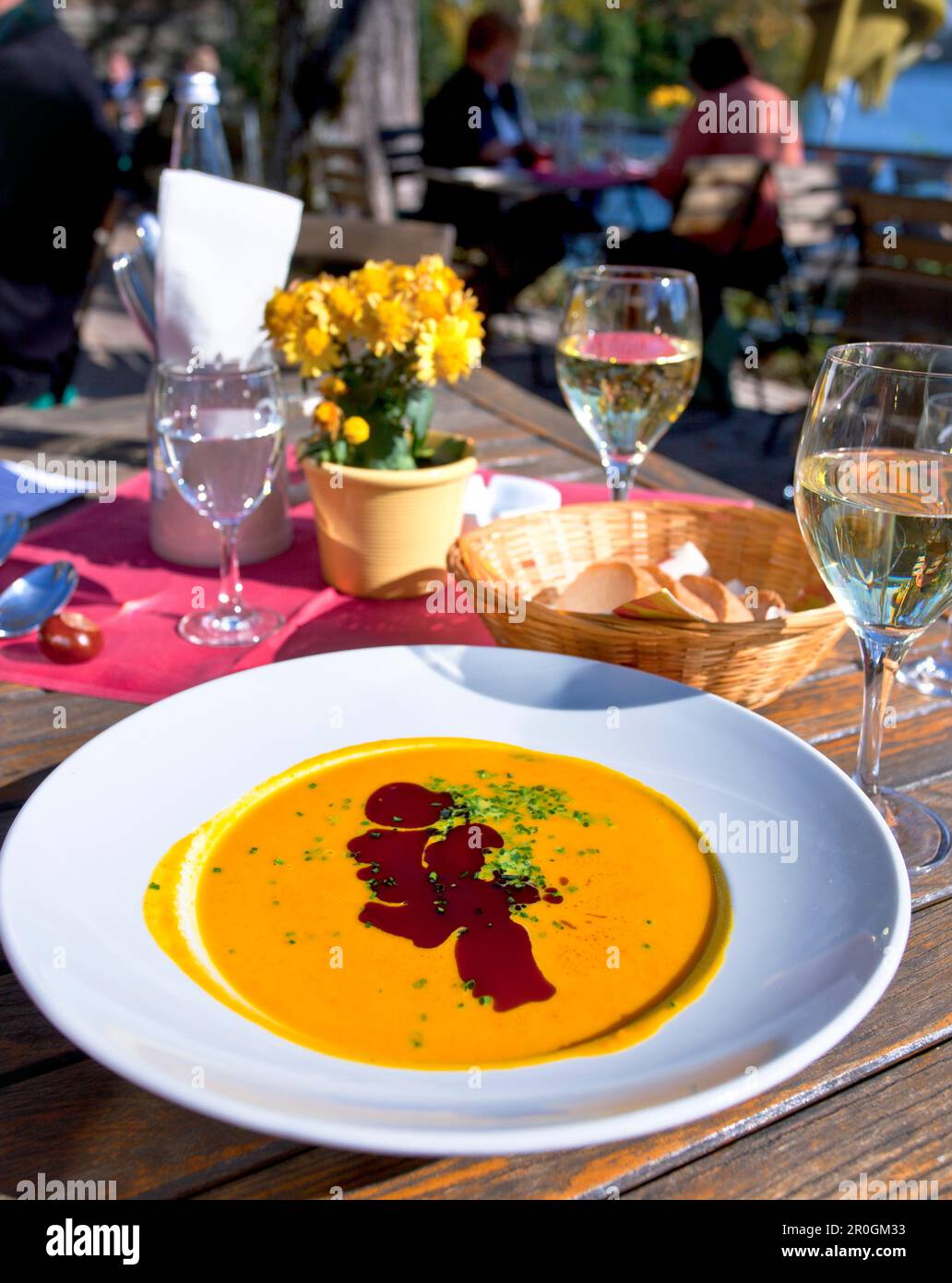 Pumpkin soup, Abbey property, Seeon Abbey, Seeon, Seeon-Seebruck, Chiemsee, Chiemgau, Upper Bavaria, Bavaria, Germany Stock Photo