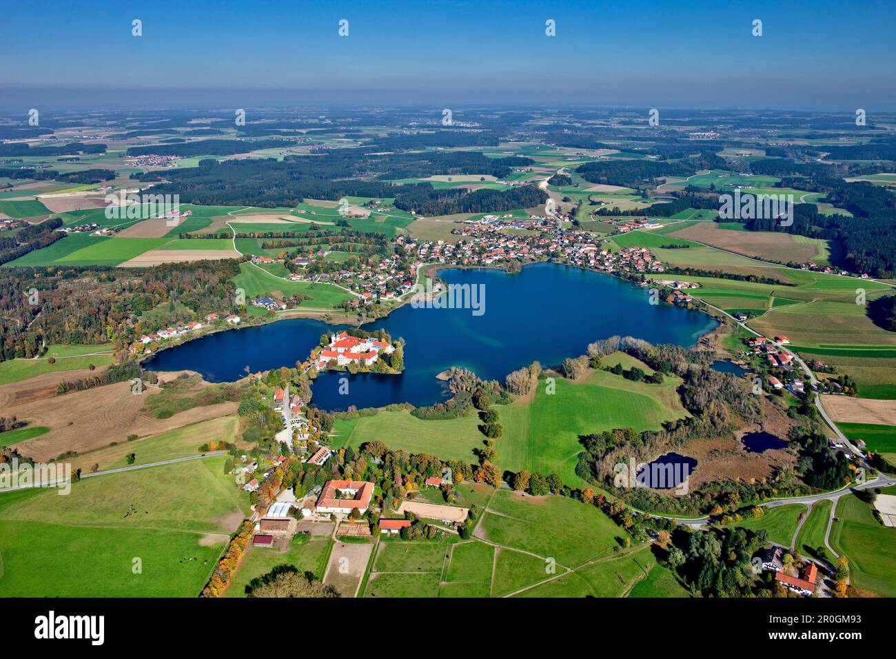 Aerial view of the Seeon Abbey, Seeon, Seon-Seebruck, Chiemsee, Chiemgau, Upper Bavaria, Bavaria, Germany Stock Photo