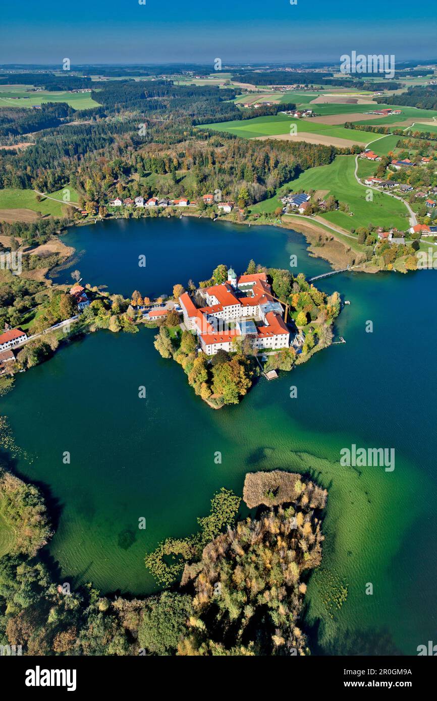 Aerial view of the Seeon Abbey, Seeon, Seon-Seebruck, Chiemsee, Chiemgau, Upper Bavaria, Bavaria, Germany Stock Photo