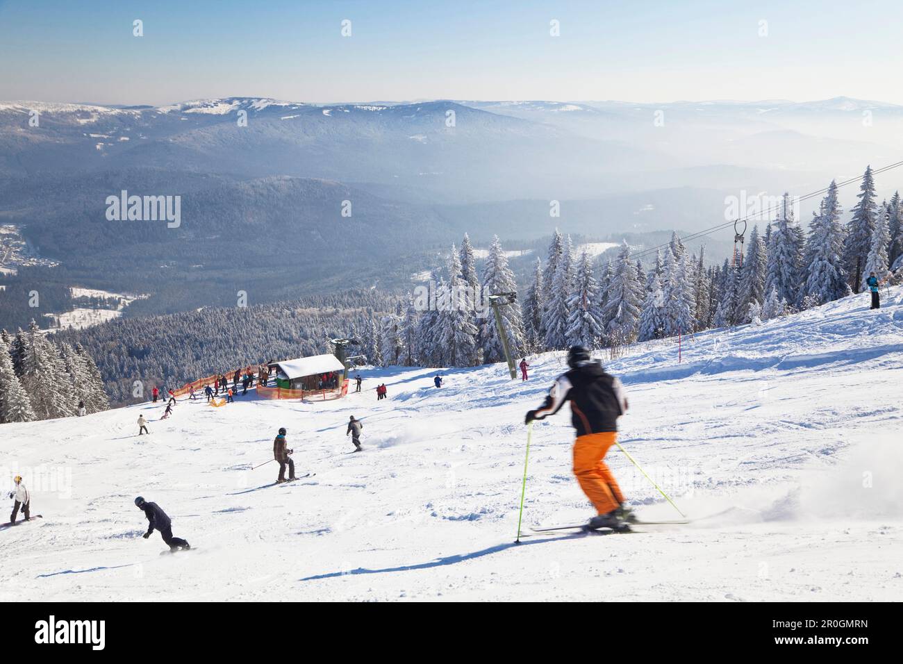Skiers at skiing area Great Arber, Bavarian Forest, Bayerisch Eisenstein, Lower Bavaria, Germany, Europe Stock Photo