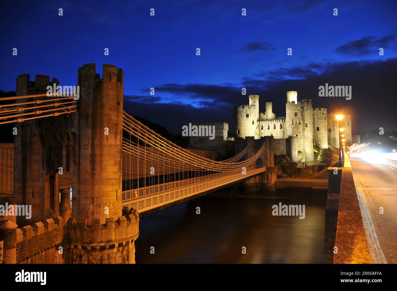 Conwy Castle with Suspension Bridge at night, Conwy, North Wales, Wales