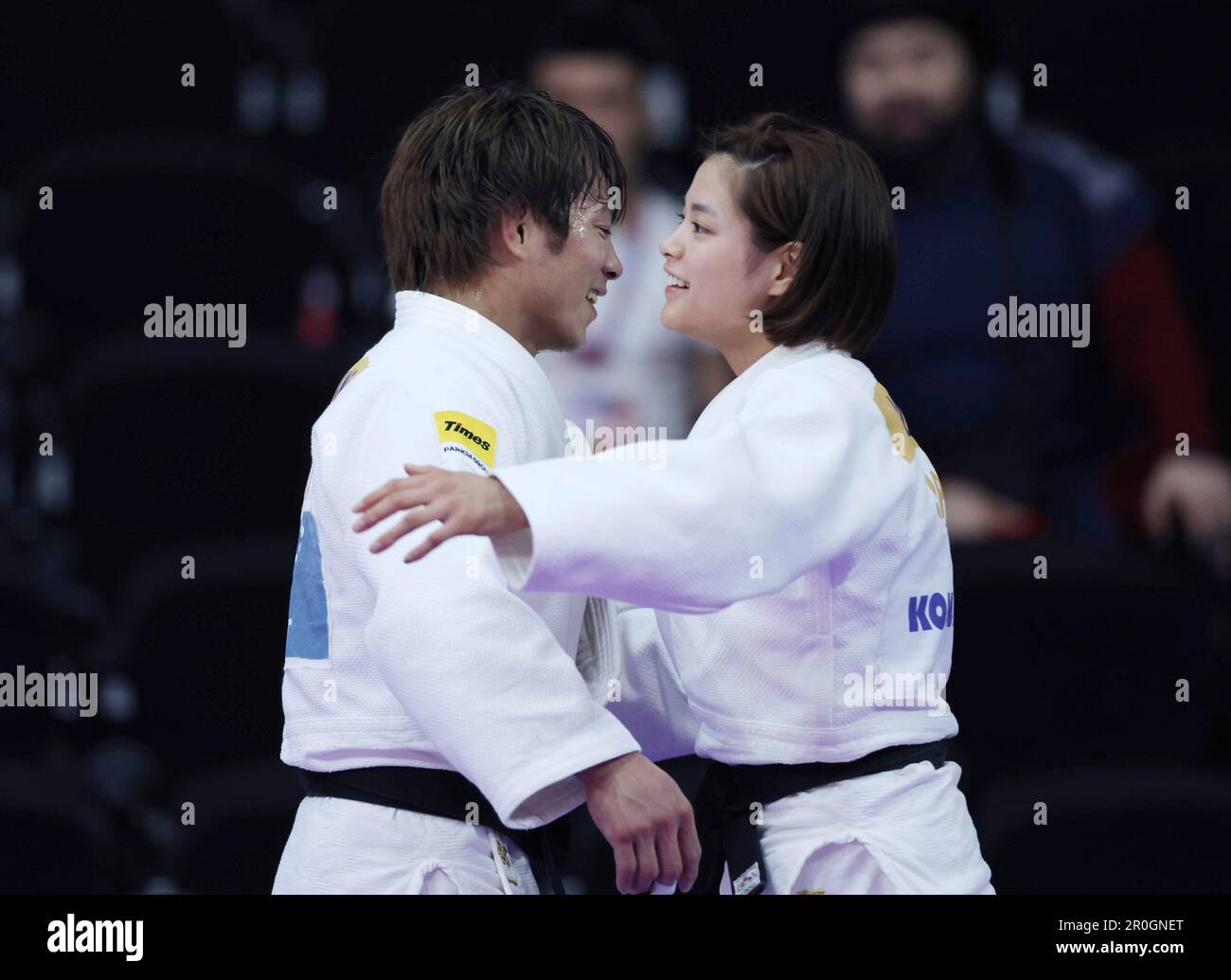 Hifumi Abe and Uta Abe of Japan celebrate after winning each final matches of Men -66 kg and Women -52kg during World Judo Championships in Doha, Qatar on May 8, 2023