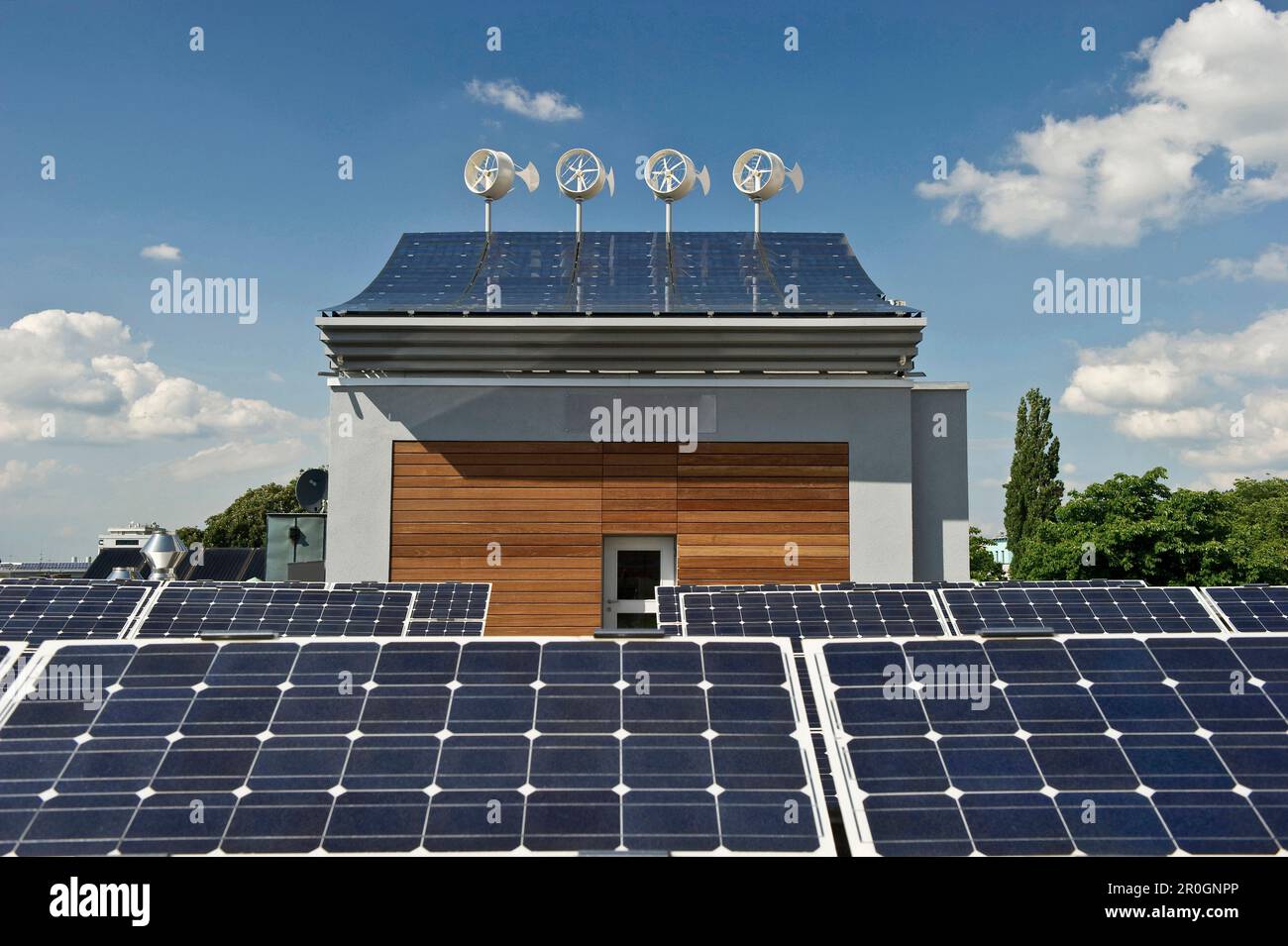 Solar installations and wind turbines on a roof, Freiburg im Breisgau ...