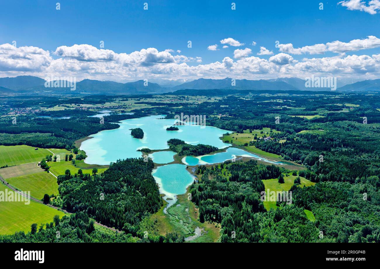 Aerial view over lakes Osterseen onto Jochberg, Herzogstand, Heimgarten ...