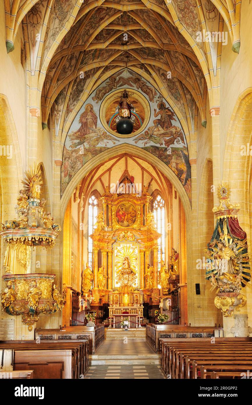 Altar and roof of late Gothic church Maria Saal, Maria Saal, Carinthia, Austria, Europe Stock Photo