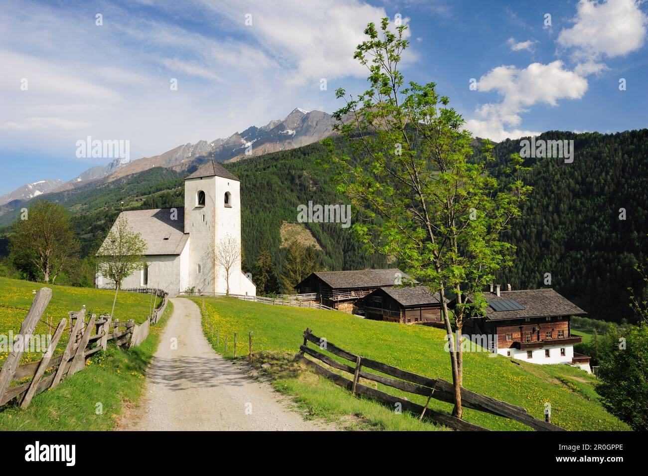 Track leading towards romanesque church St Nicholas, farmhouses in the background, Matrei, East Tyrol, Austria, Europe Stock Photo