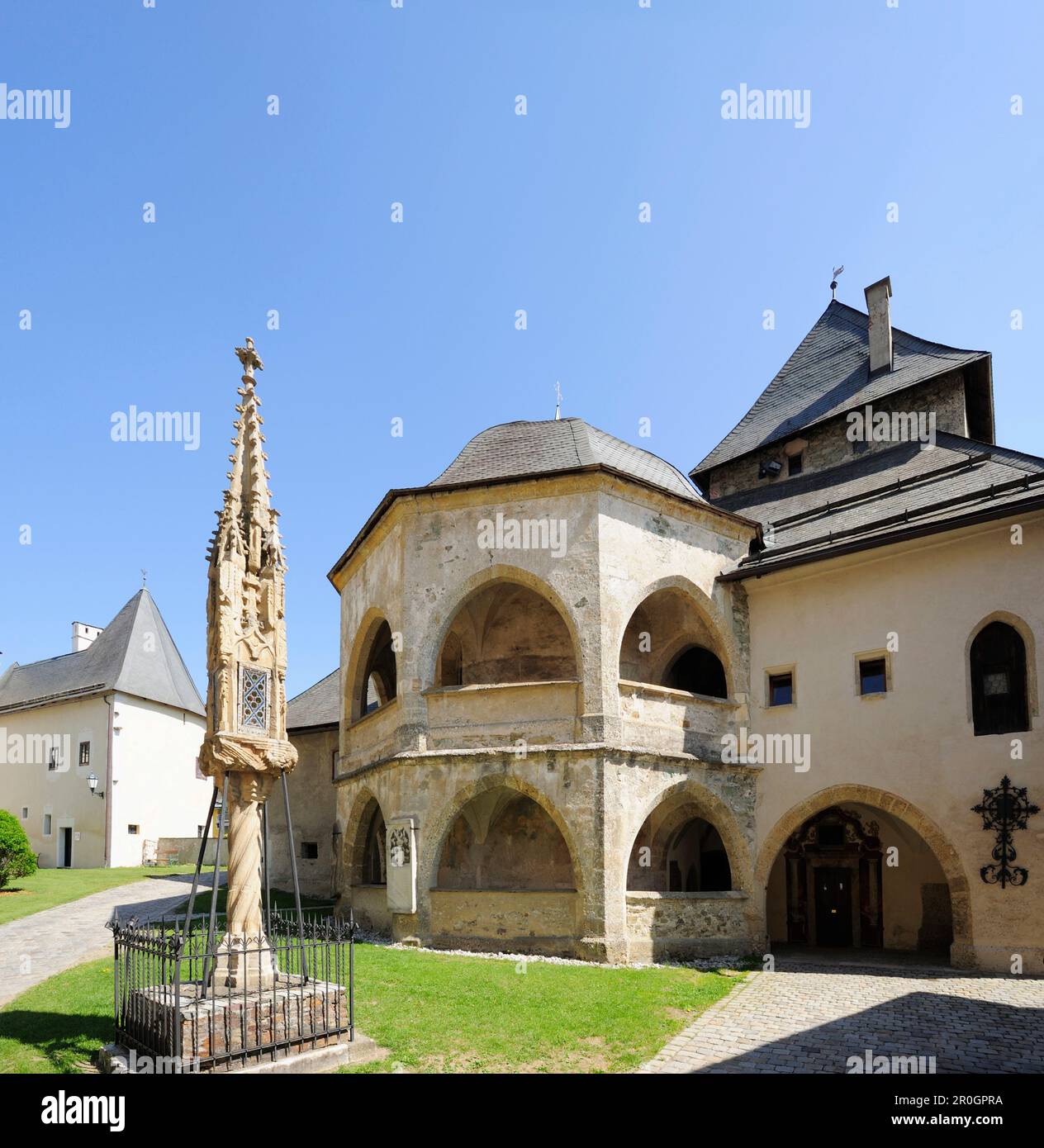 Gothic shrine and two storeyed arcaded gallery at ossuary at church Maria Saal, Maria Saal, Carinthia, Austria, Europe Stock Photo