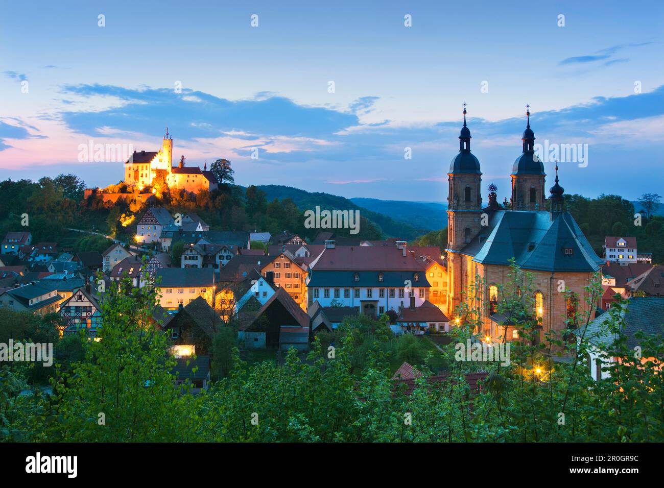 View of castle and basilica in the evening, Goessweinstein, Fraenkische Schweiz, Franconia, Bavaria, Germany, Europe Stock Photo