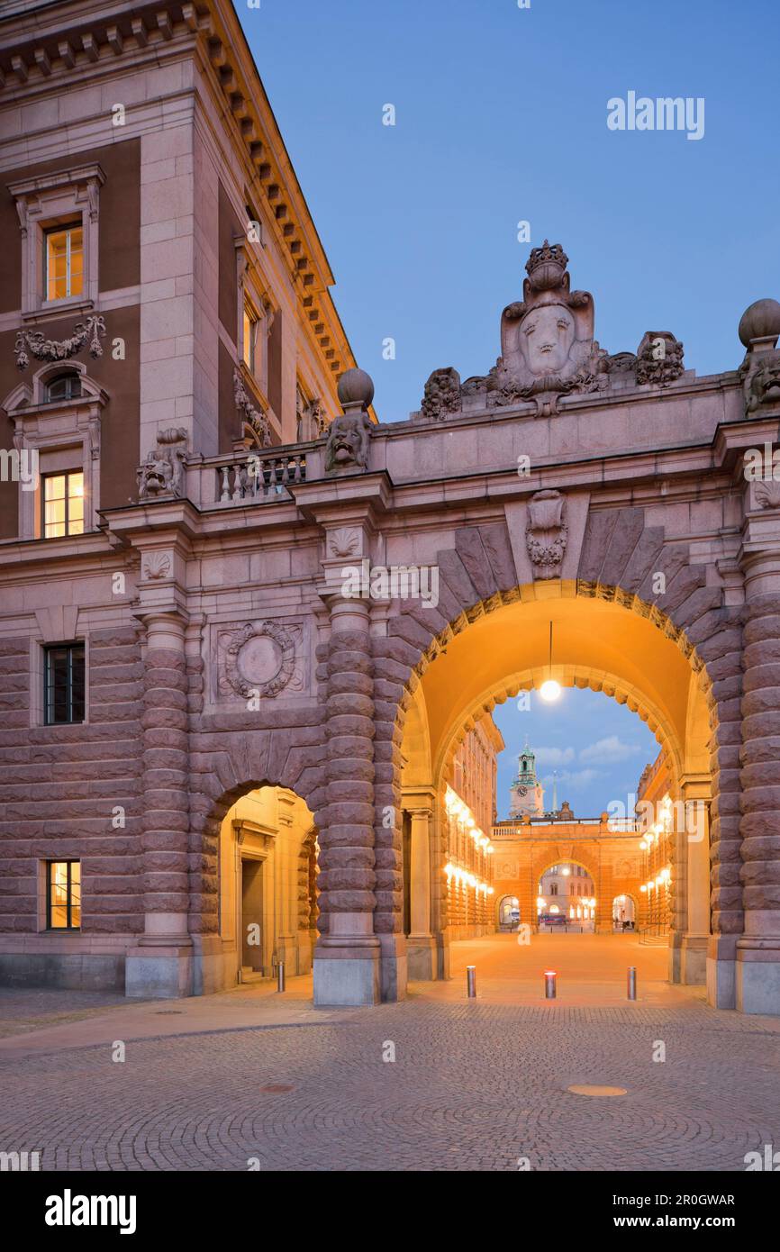 Riksdagen is a street in Gamla stan, the old town in Stockholm, and passes between the eastern and the western buildings of the Swedish Parliament Bui Stock Photo