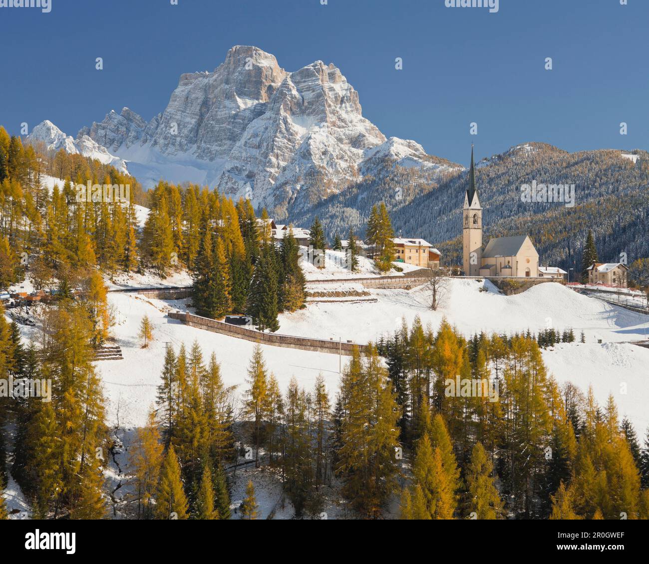 Church at the village Selva di Cadore in winter, Monte Pelmo, Veneto, Italy, Europe Stock Photo