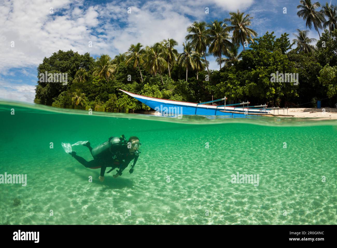 Scuba Diver in Lagoon of Ahe Island, Cenderawasih Bay, West Papua