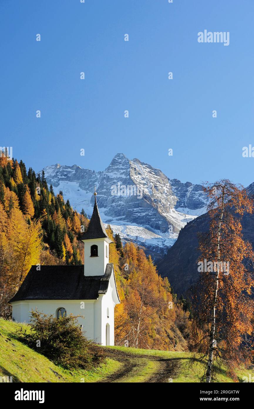 Chapel with autumnal forest and Fussstein in the background, valley of Valsertal, Zillertal range, Tyrol, Austria, Europe Stock Photo