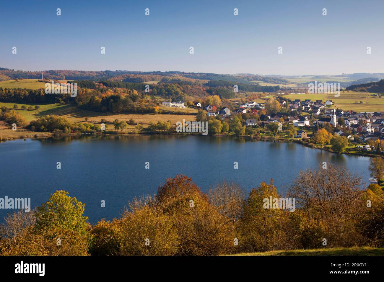 View over Schalkenmehren Maar in autumn, near Daun, Eifel, Rhineland-Palatinate, Germany, Europe Stock Photo