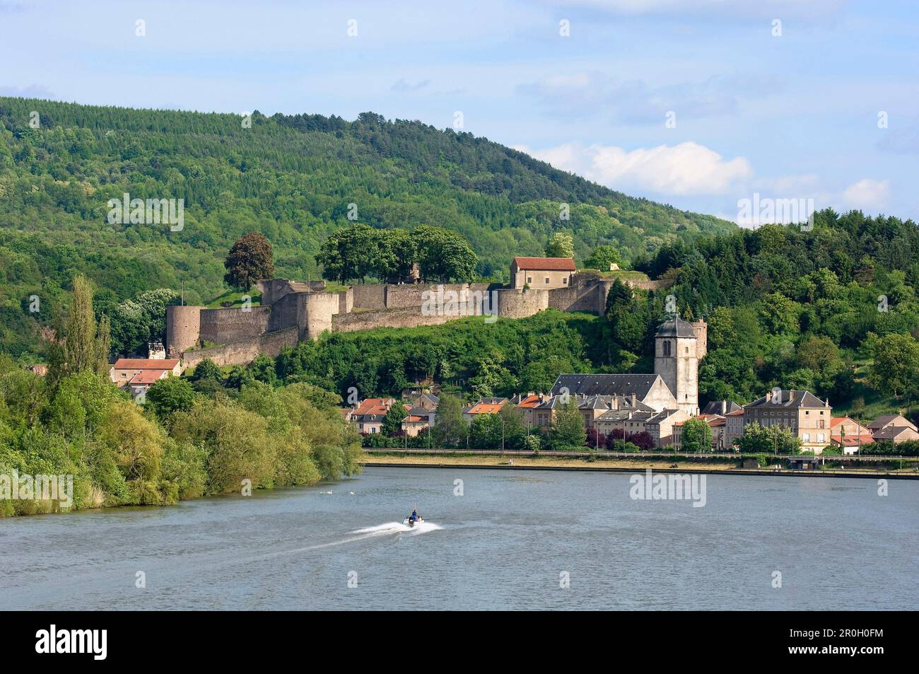 View of Sierck-les-Bains with Moselle river and castle, Sierck-les-Bains, Thionville-Est, France, Europe Stock Photo