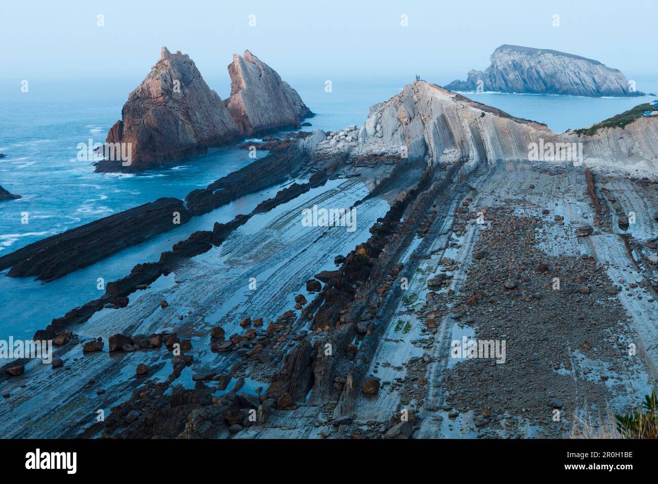 Rock formations along the coast of Arnia, Los Pielagos, Camino de la Costa, Camino del Norte, coastal route, Way of St. James, Camino de Santiago, pil Stock Photo