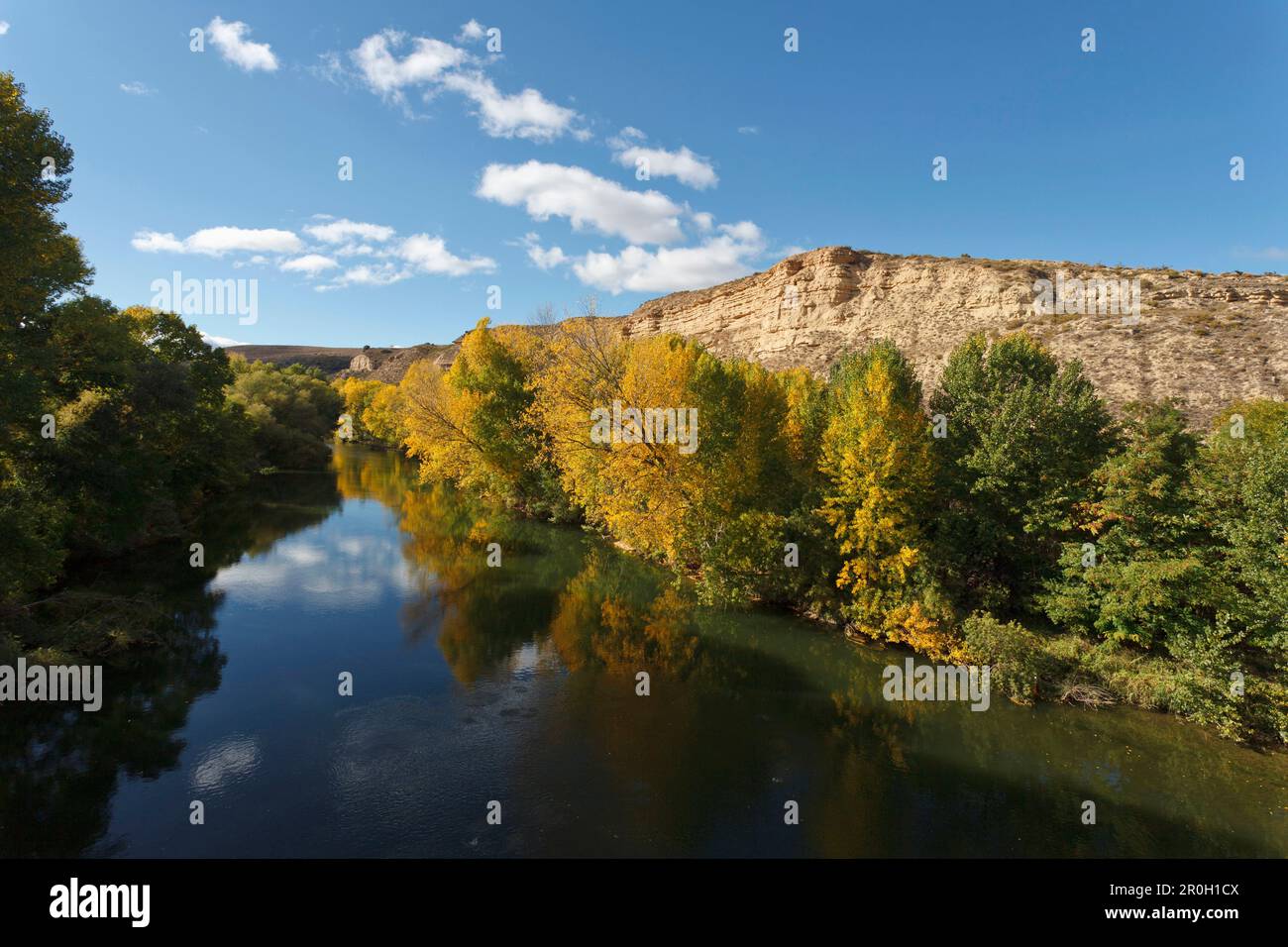 Rio Ebro, river, near Elciego, autumn, La Rioja Alavesa, province of Alava, Basque Country, Euskadi, Northern Spain, Spain, Europe Stock Photo
