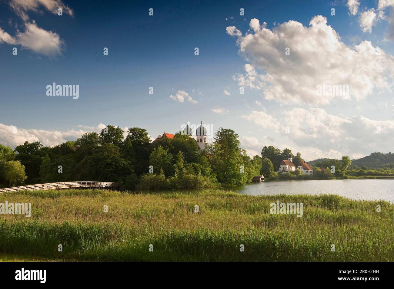 Lake Klostersee and Seeon abbey, Seeon, Chiemgau, Bavaria, Germany Stock Photo