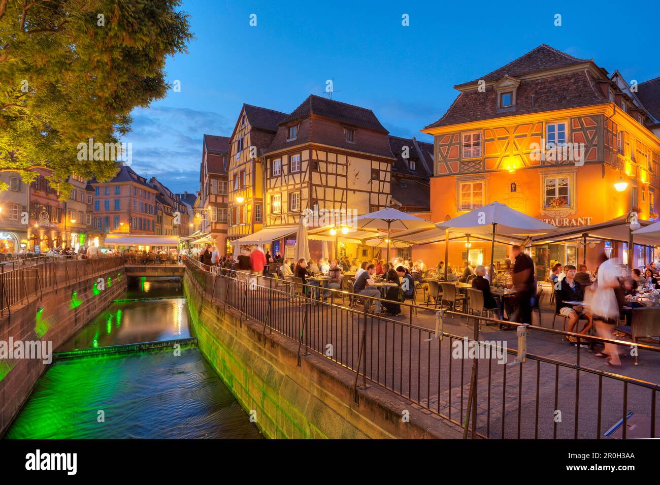 Restaurants at the Place de l'Ancienne Douane in the evening, Colmar, Alsace, France, Europe Stock Photo