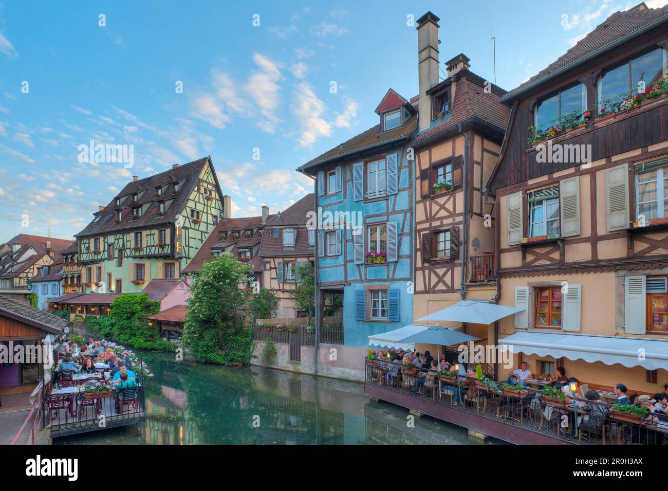 Restaurant and half timbered houses at the Lauch river, Little Venice, Colmar, Alsace, France, Europe Stock Photo