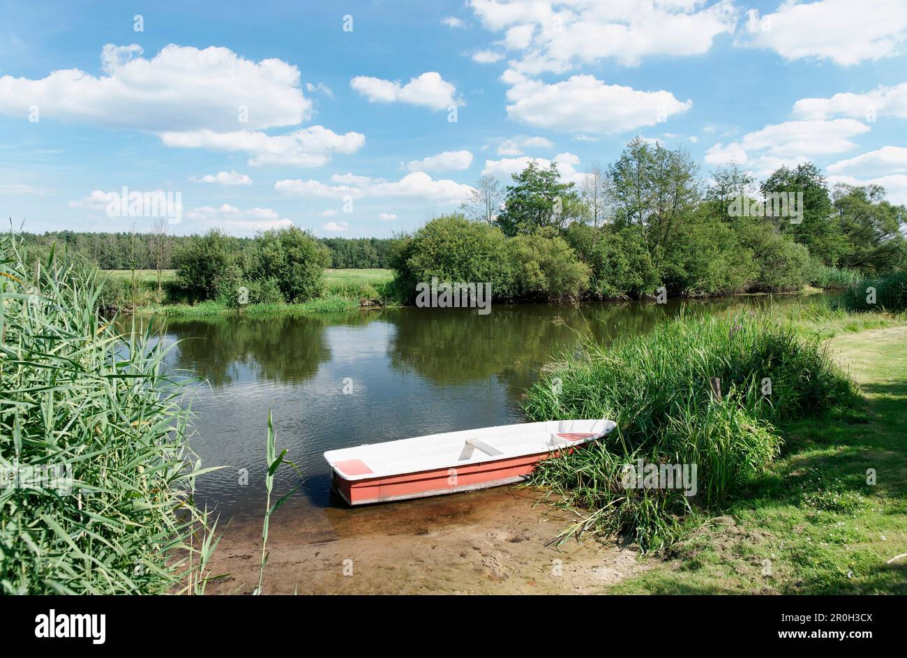 Boat on the bank of Spree river, Radinkendorf, Beeskow, Land Brandenburg, Germany, Europe Stock Photo