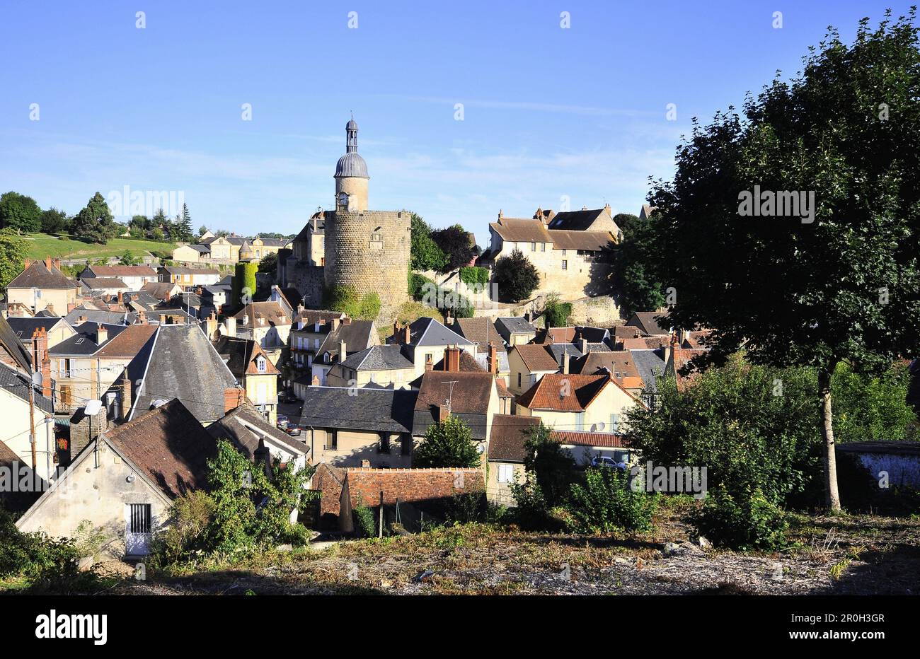 View of the village and the castle, Bourbon L'Archambault, Bourbonnais, Auvergne, France, Europe Stock Photo