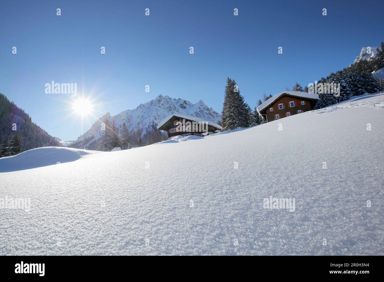 Holiday lodges, Gargellen, Montafon, Vorarlberg, Austria Stock Photo