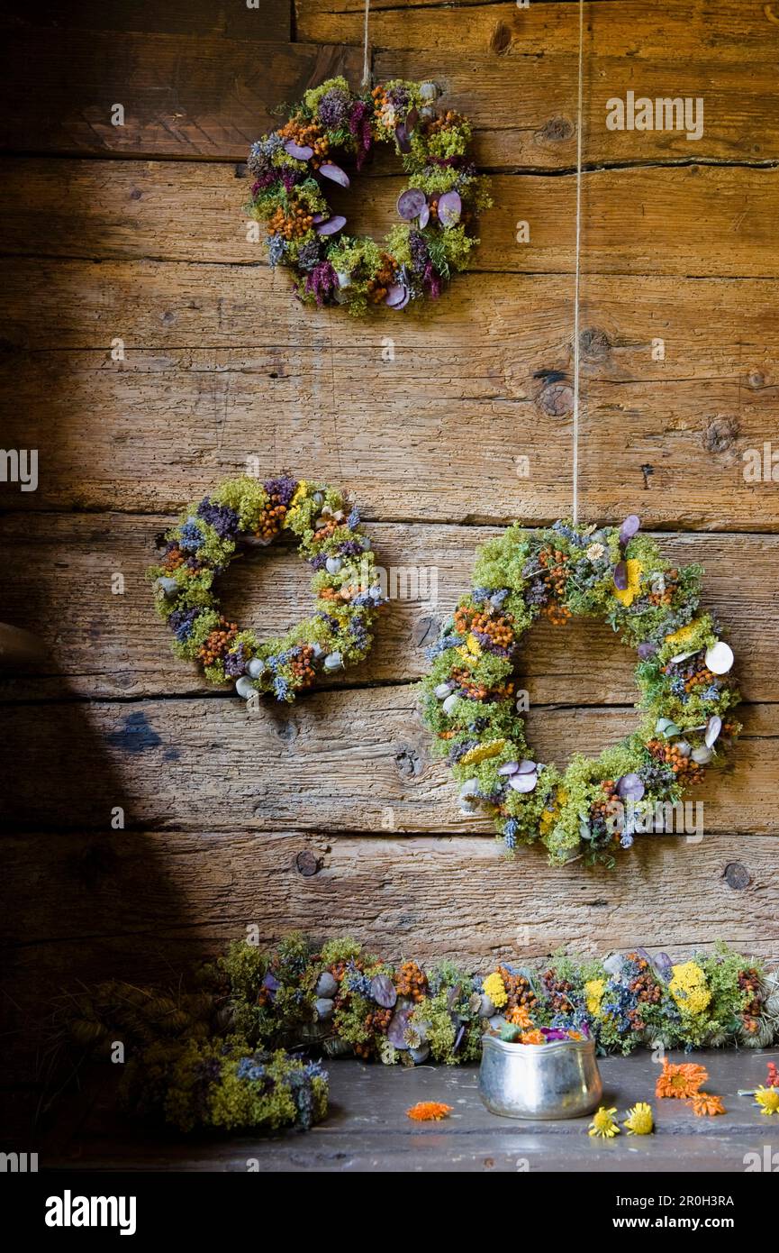 Dried flowers made into a wreath, decoration, Handmade, Bavaria, Germany Stock Photo
