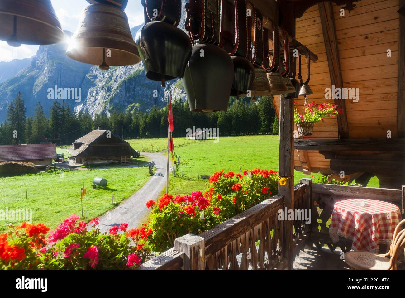 Cowbells on the balcony of a Hotel, Gastern Valley, Bernese Oberland, Canton of Bern, Switzerland Stock Photo