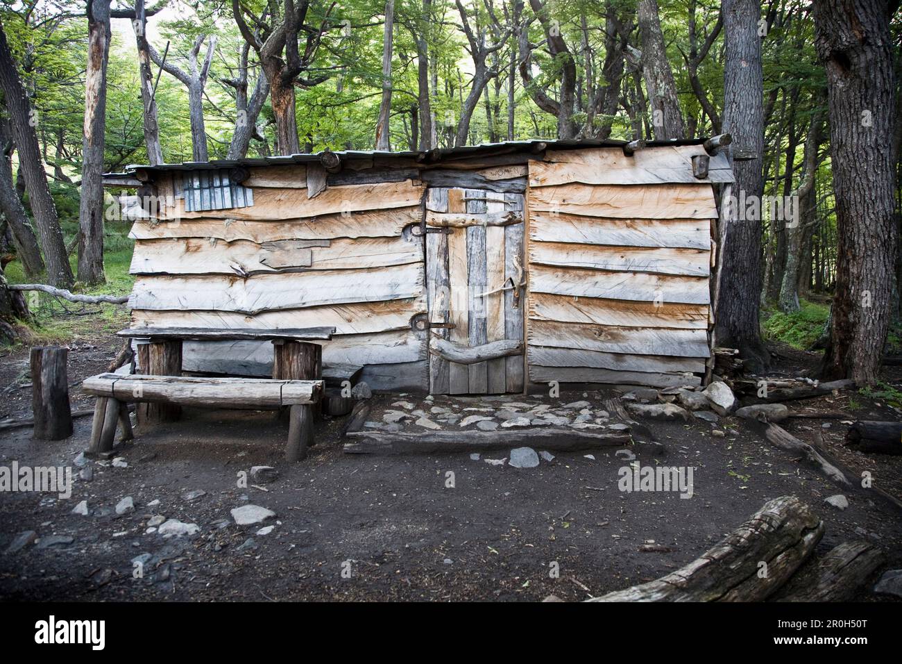 Wooden hut in Rio Blanco Base Camp, Fitz Roy, El Chalten, Patagonia, Argentina Stock Photo
