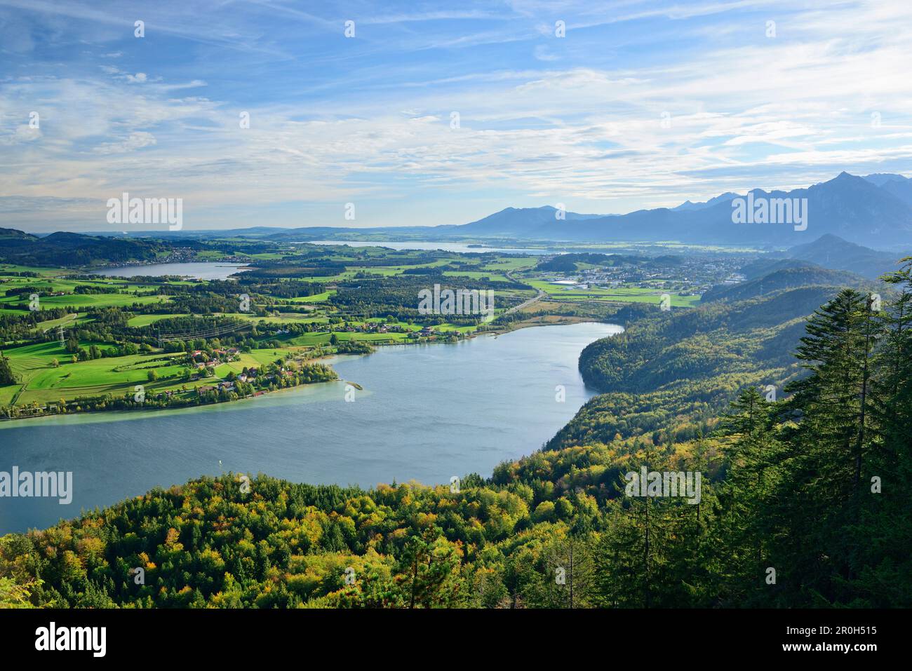 Lake Weissensee, lake Hopfensee, lake Forggensee and lake Bannwaldsee, Four lakes view, Vierseenblick, Falkenstein, Allgaeu range, Allgaeu, Swabia, Ba Stock Photo
