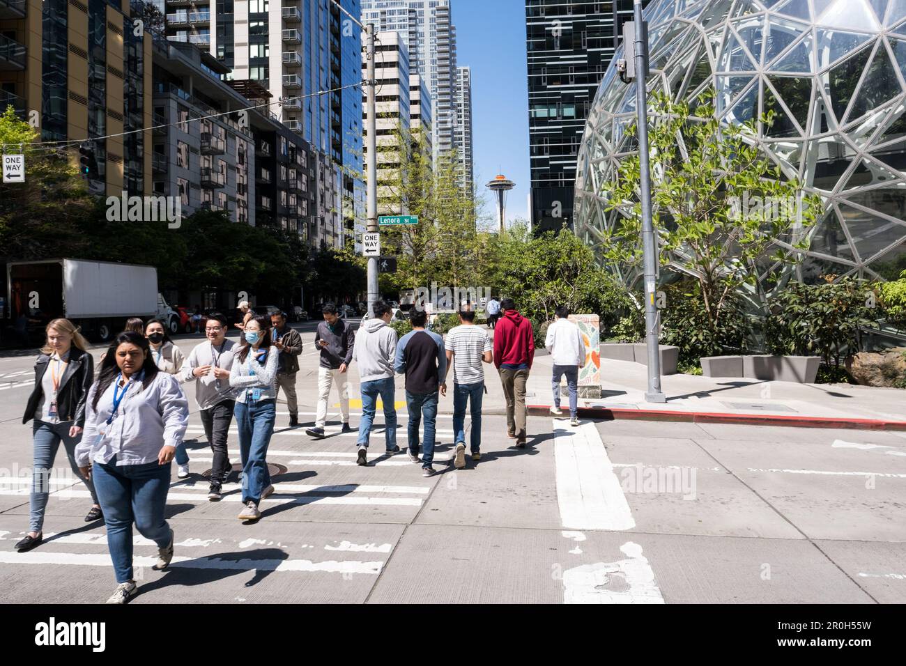 Seattle, USA. 8 May, 2023. Employees passing the Spheres after Amazon