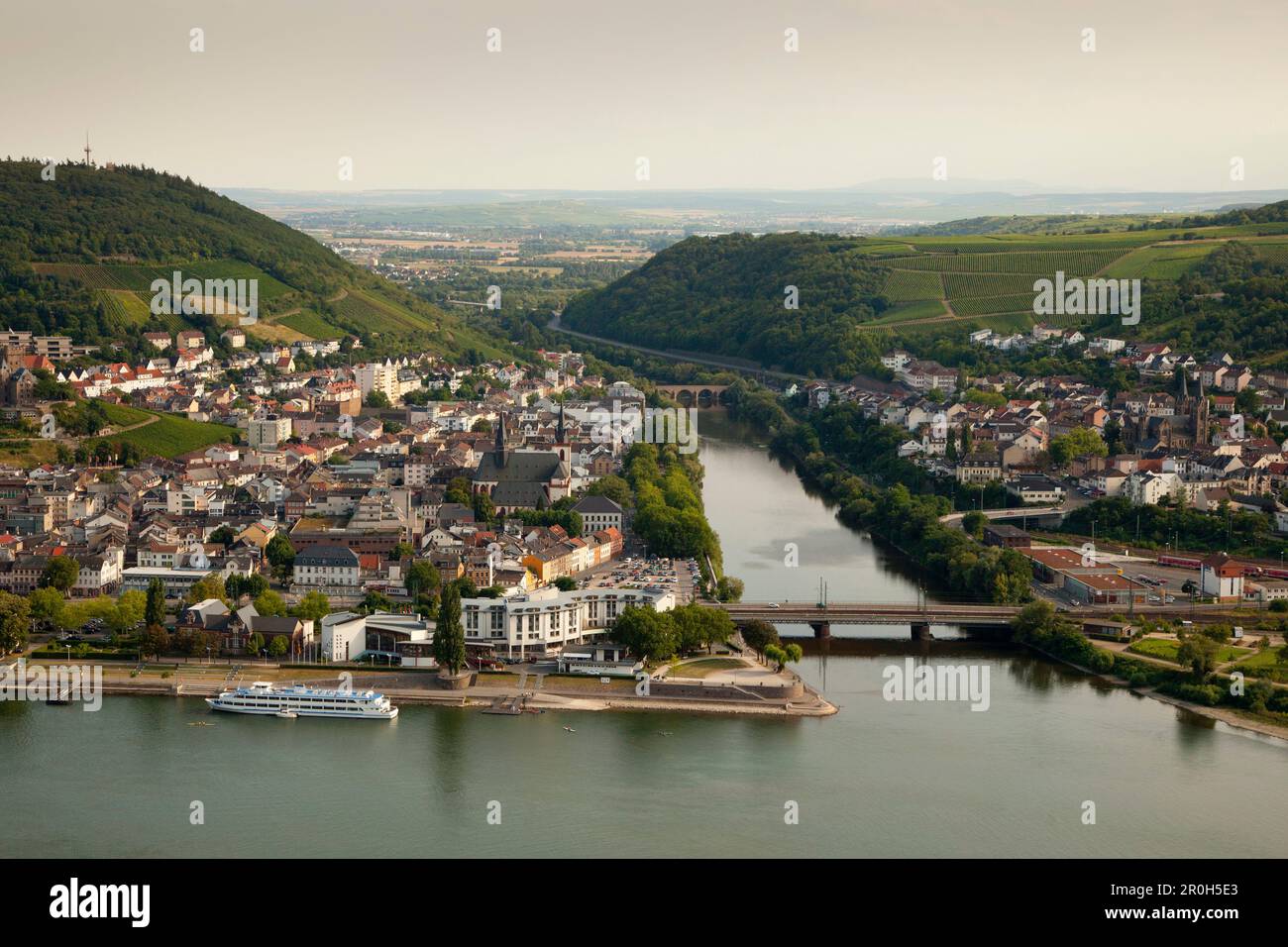 View to the estuary of the Nahe river into the Rhine river, near Bingen, Rhine river, Rhineland-Palatinate, Germany Stock Photo