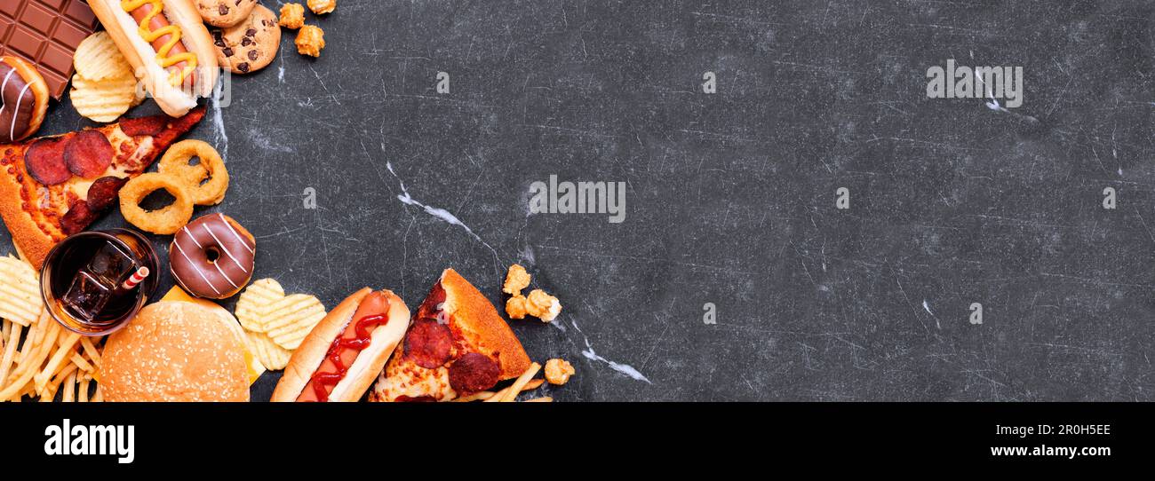 Junk food corner border over a dark banner background. Collection of