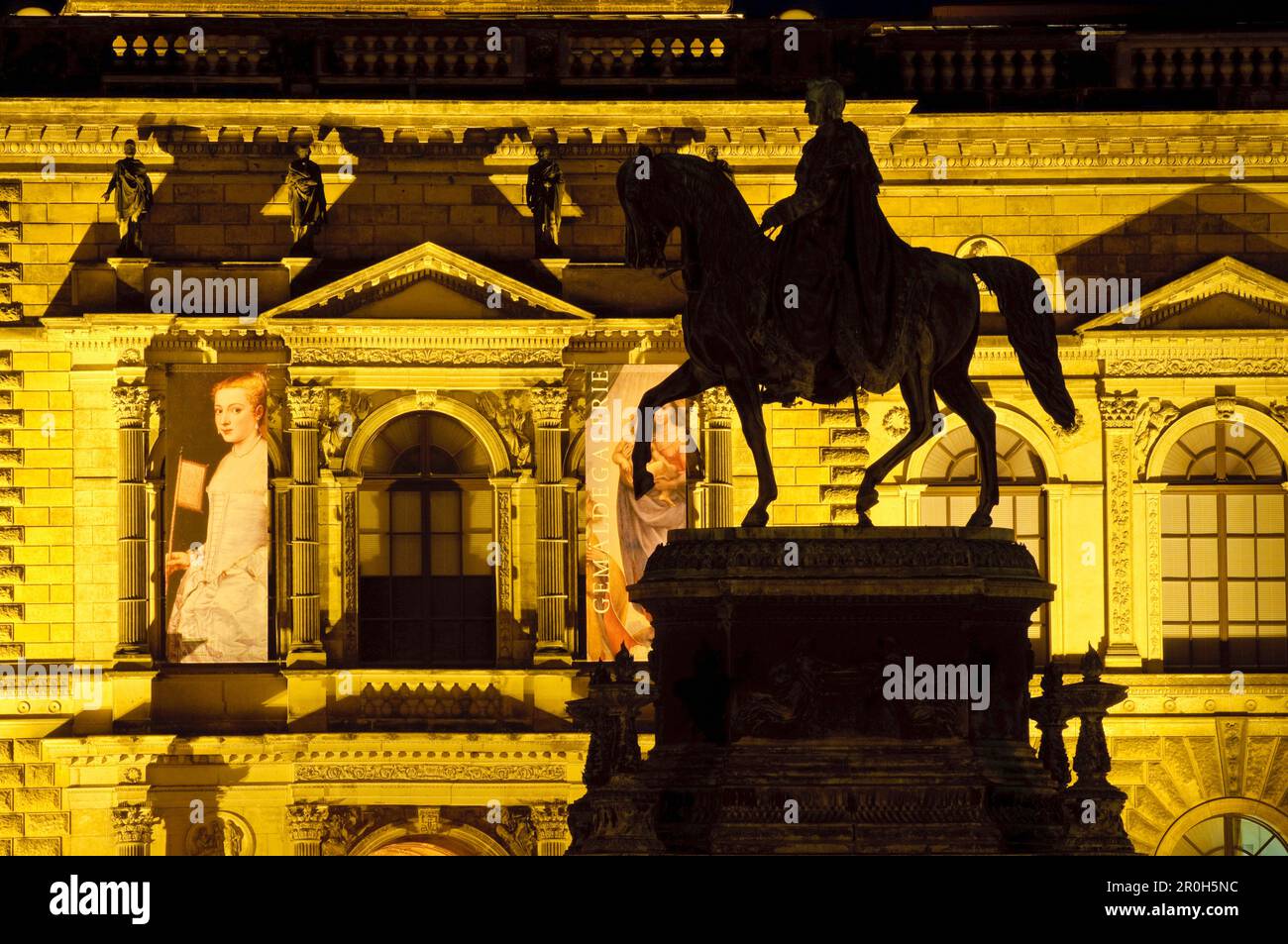 Semper Gallery and Koenig Johann memorial at night, Dresden, Germany Stock Photo