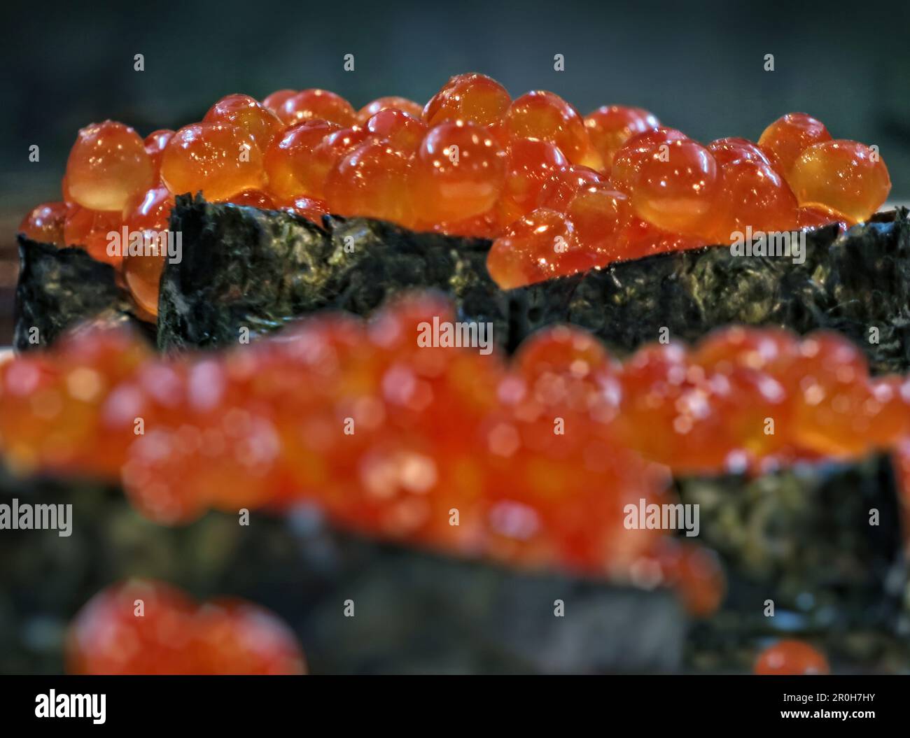 Ikura sushi, Salmon roe sushi in Japanese Restaurant, Tokyo, Japan