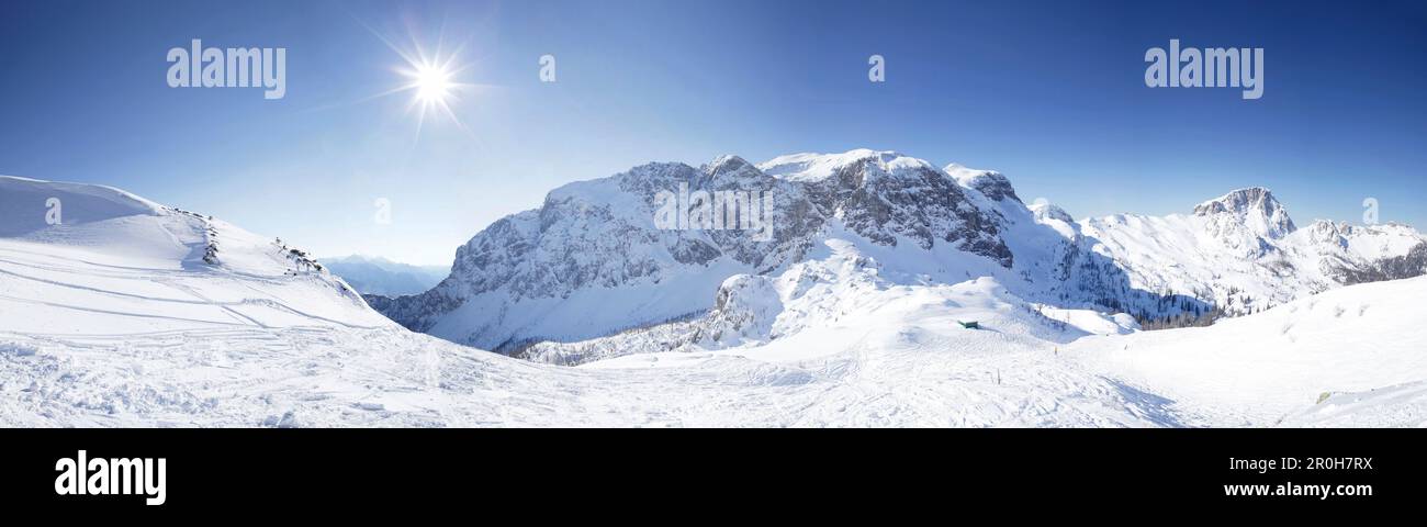 Panoramic view from Nassfeld to Trogkofel and Rosskofel, Carnic Alps, Hermagor, Carinthia, Austria Stock Photo
