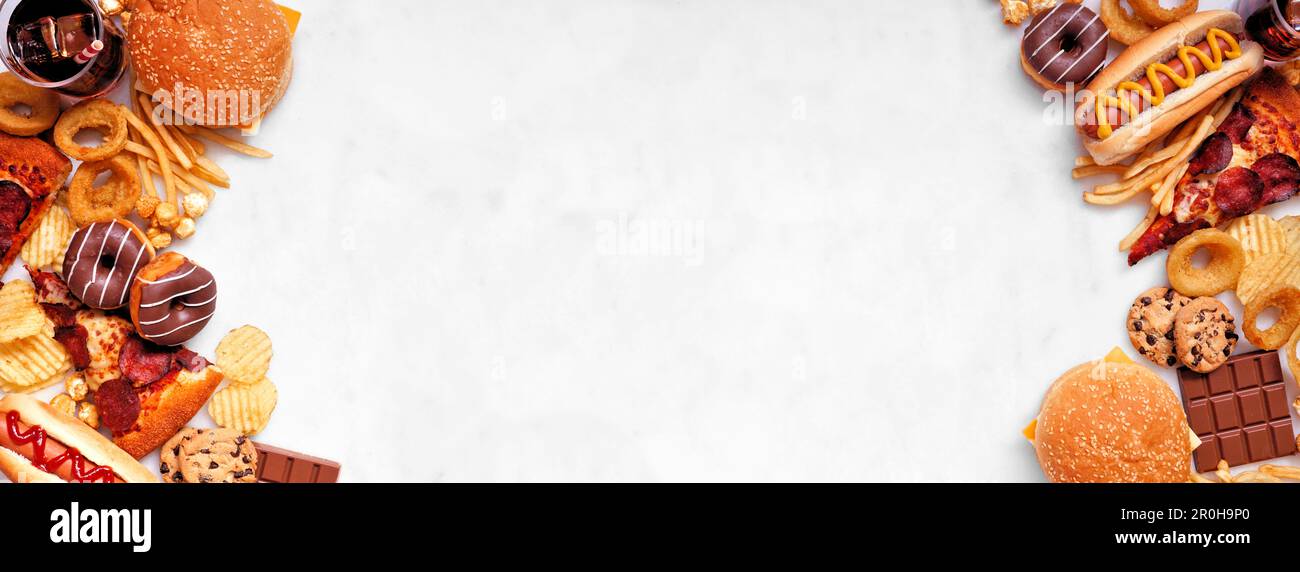Junk food double border over a white marble banner background