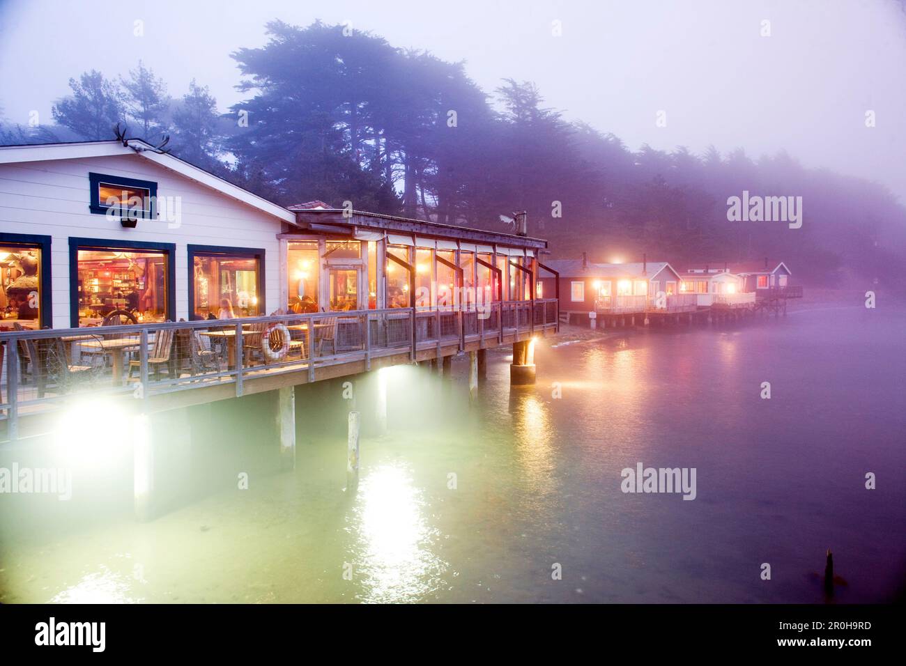 USA, California, Nick' Cove Restaurant at night, Tomales Bay Stock
