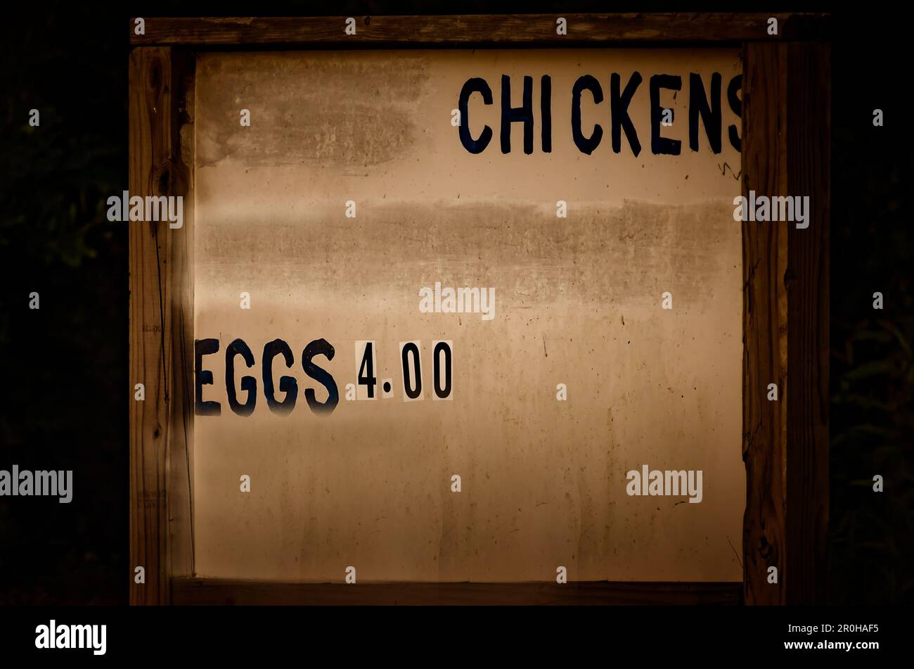 A sign advertises chickens and eggs, May 2, 2023, in Coden Alabama. The community of 2,373 people is predominantly rural. Stock Photo