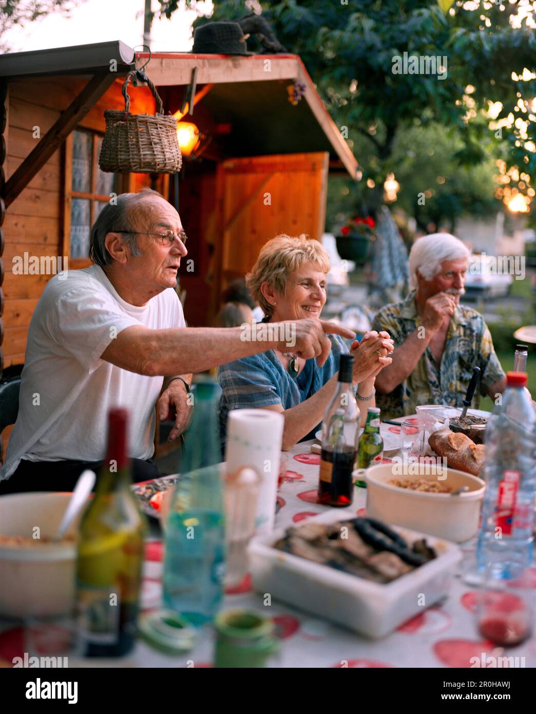 FRANCE, Arbois, family and friends celebrate La Fete de Voisins in the town of Arbois, neighborhood party, Jura Wine Region Stock Photo