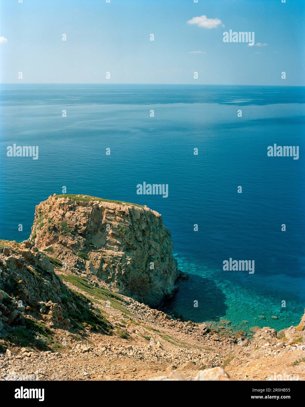 GREECE, Patmos, Dodecanese Island, pigeon rock or peristeronas and the Agean Sea Stock Photo