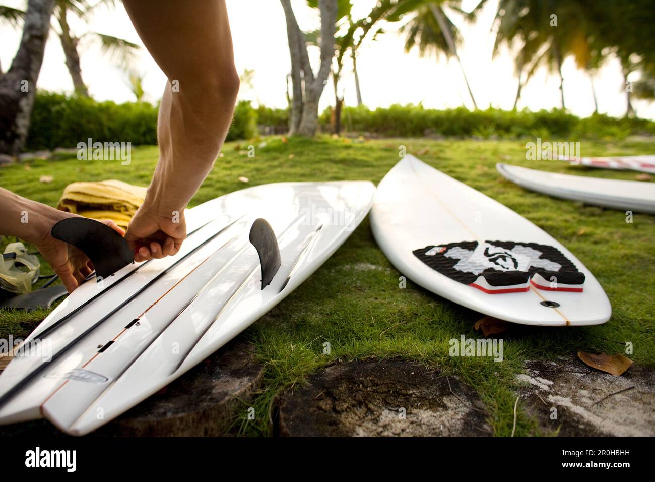INDONESIA, Mentawai Islands, Kandui Surf Resort, a person putting fins on his surfboards Stock