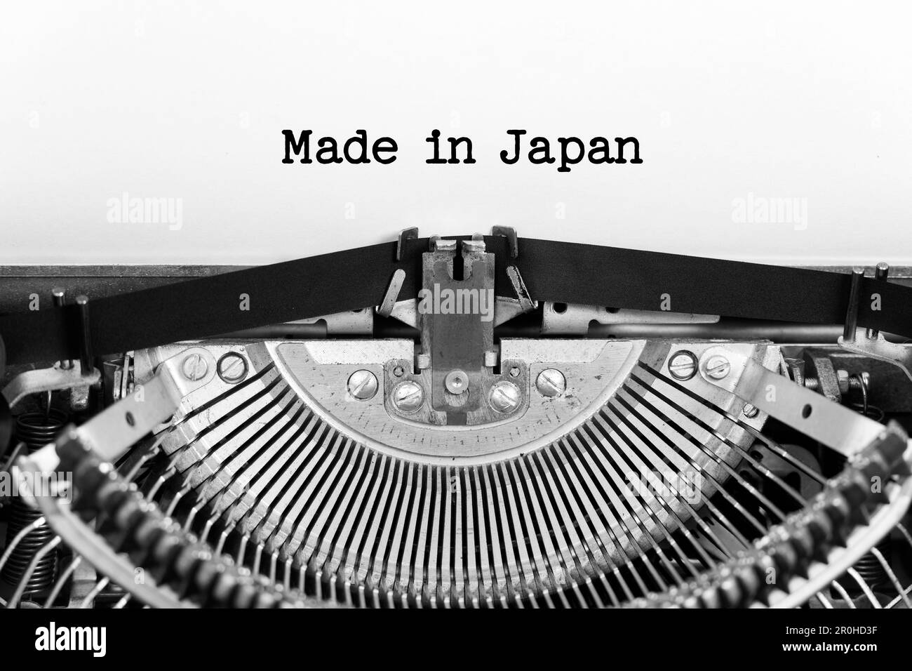 Made In Japan phrase closeup being typing and centered on a sheet of paper on old vintage typewriter mechanical Stock Photo