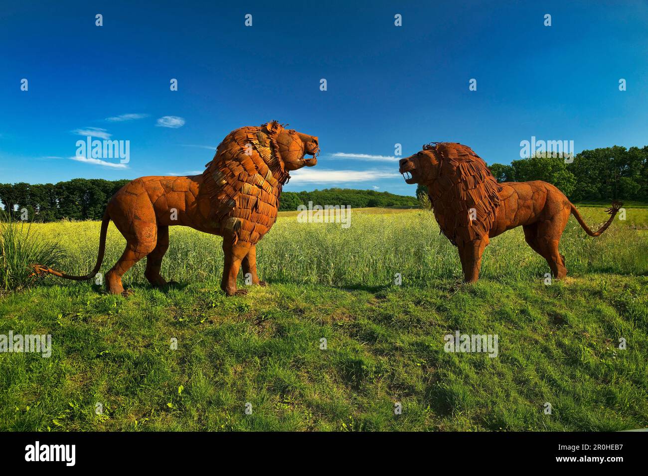 landscape in Muttental with exhibited metal sculptures of African animals, Shona-Art, Germany, North Rhine-Westphalia, Ruhr Area, Witten Stock Photo